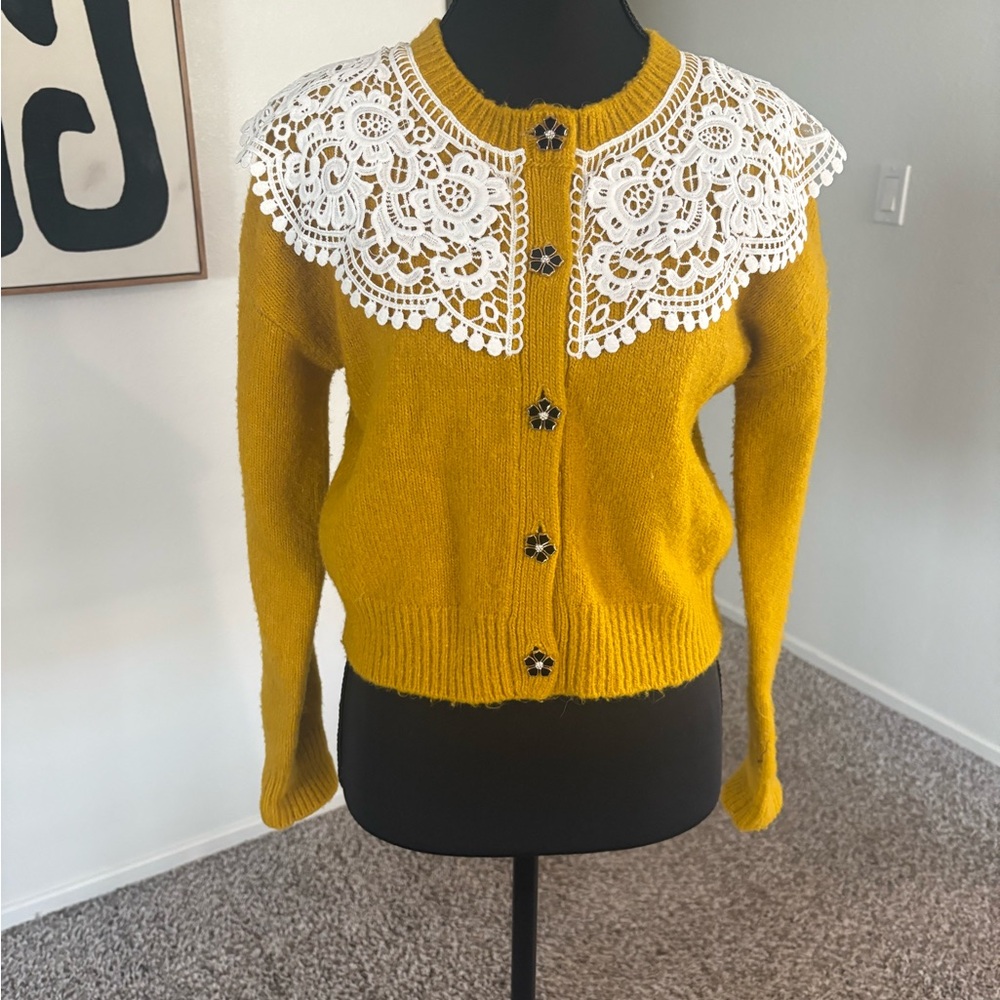 Anthropologie Mustard Cardigan with Lace Collar Grandma Look Size XS